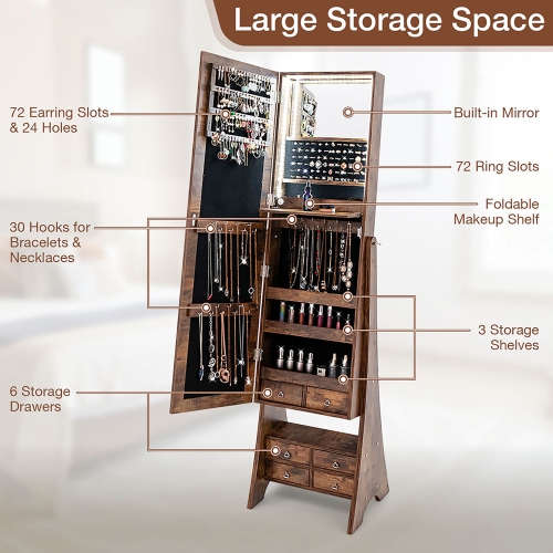 Gymax Jewelry Cabinet Armoire Full Length LED Mirror W/ Makeup Shelf & 6 Drawers