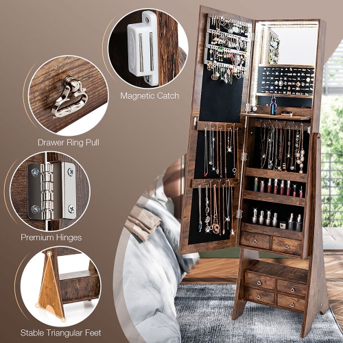 Gymax Jewelry Cabinet Armoire Full Length LED Mirror W/ Makeup Shelf & 6 Drawers