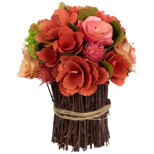 Artificial Mixed Floral Wooden Spring Bouquet - 9" - Red and Pink