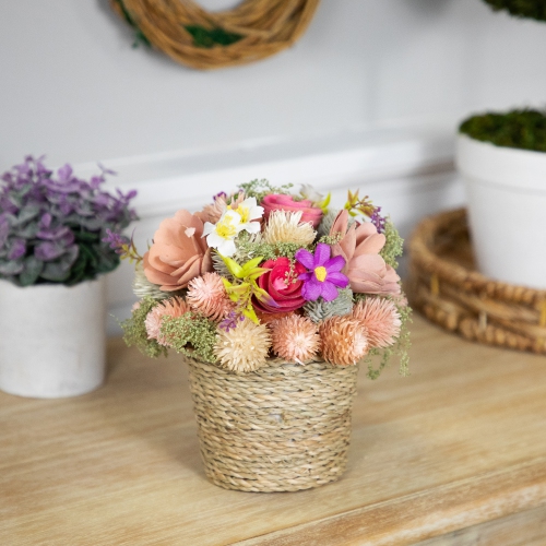Wooden Mixed Floral Artificial Spring Arrangement with Pot - 7"