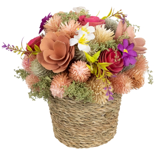 Wooden Mixed Floral Artificial Spring Arrangement with Pot - 7"