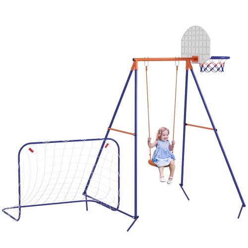 OUTSUNNY Swing Set for Kids Outdoor 3 In 1 Metal Swing Frame With Swing Seat, Basketball Hoop And Football Goal, Ground Stakes for 3-8 Years Old