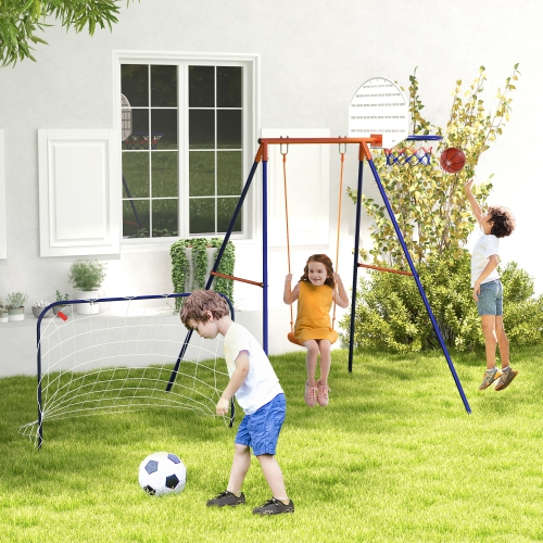 Outsunny 3 in 1 Metal Swing Set with Swing Seat, Basketball Hoop and Football Goal, Ground Stakes, Kids Swing Set for Backyard, Outdoor, Playground,