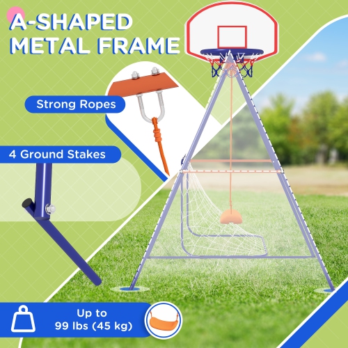 Outsunny 3 in 1 Metal Swing Set with Swing Seat, Basketball Hoop and Football Goal, Ground Stakes, Kids Swing Set for Backyard, Outdoor, Playground,