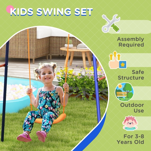 Outsunny 3 in 1 Metal Swing Set with Swing Seat, Basketball Hoop and Football Goal, Ground Stakes, Kids Swing Set for Backyard, Outdoor, Playground,