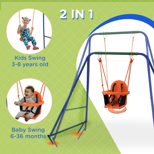 Outsunny 2 in 1 Metal Swing Set with Safety Harness, Kids Swing Set for Backyard, Outdoor, Playground, Multicoloured
