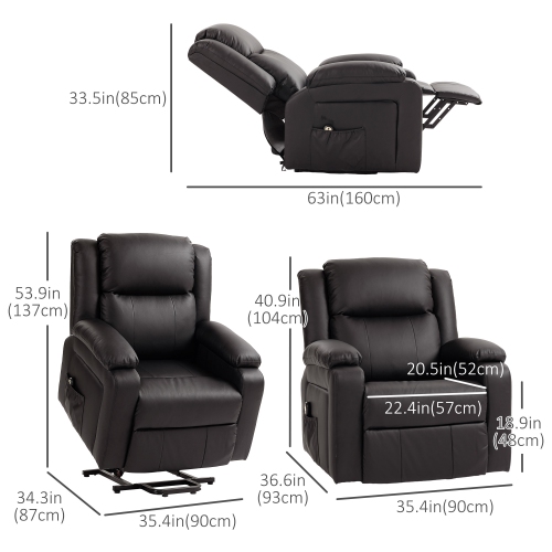 HOMCOM Power Lift Chair for Elderly, PU Leather Upholstered Electric Recliner Chair with Quick Assembly, Remote, Footrest, Side Pockets, Reclining