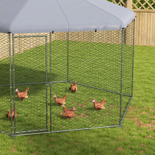 PawHut 13.1' x 11.4' Chicken Coop, Large Chicken Run with Cover for Outdoor Backyard, Metal Poultry Cage for 10-15 Chickens, Rabbits, Ducks, Silver