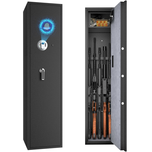 GYMAX  Biometric Fingerprint Rifle Safe Quick Access 5-Gun Cabinet W/ Lockbox