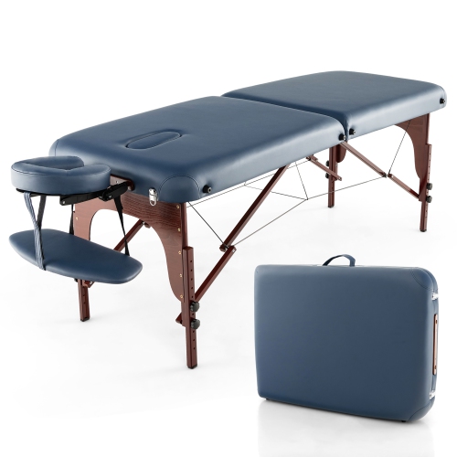 Gymax 2 Fold Massage Table Portable Lash Bed Foldable Spa Table w/ Carrying Case Navy