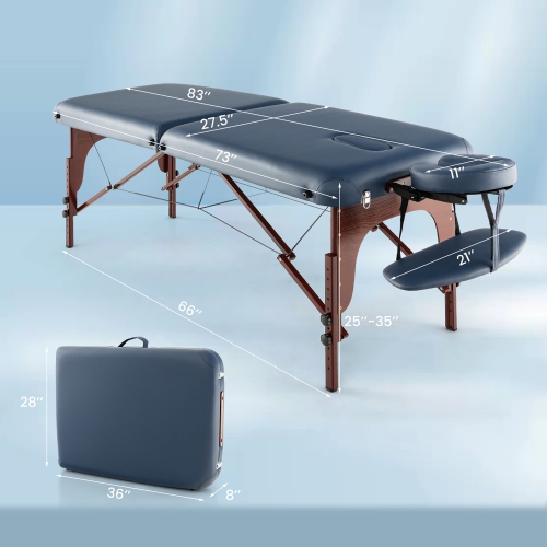 Gymax 2 Fold Massage Table Portable Lash Bed Foldable Spa Table w/ Carrying Case Navy