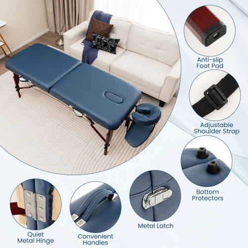 Gymax 2 Fold Massage Table Portable Lash Bed Foldable Spa Table w/ Carrying Case Navy