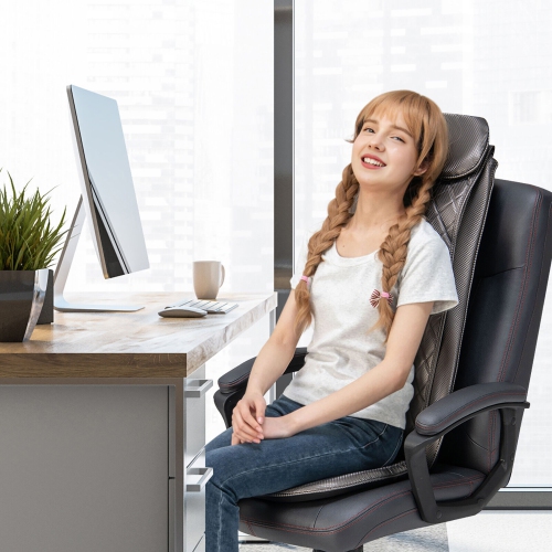 Gymax Massage Chair Pad Heat Vibration Back Massage w/ Removable Neck Pillow Back Flap