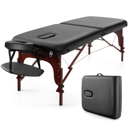 GYMAX  Portable Folding Massage Table Height Adjustable Spa Bed Beech Wood Face Cradle