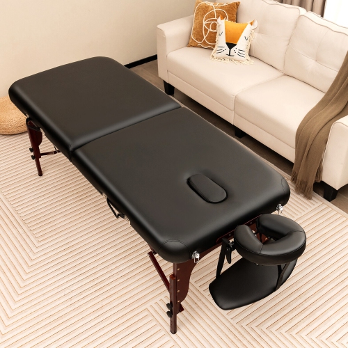 Gymax Portable Folding Massage Table Height Adjustable Spa Bed Beech Wood Face Cradle