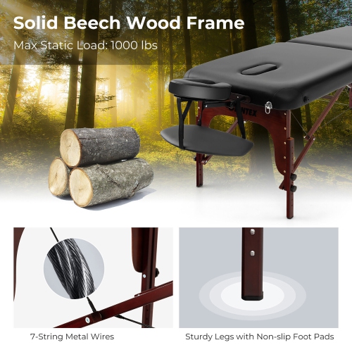 Gymax Portable Folding Massage Table Height Adjustable Spa Bed Beech Wood Face Cradle