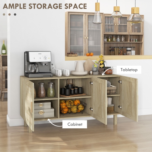 HOMCOM Boho Sideboard, Buffet Cabinet with Storage, 53" Coffee Bar Cabinet with Rattan Doors and Adjustable Shelves, Natural