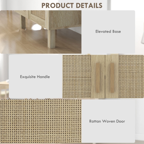 HOMCOM Boho Sideboard, Buffet Cabinet with Storage, 53" Coffee Bar Cabinet with Rattan Doors and Adjustable Shelves, Natural