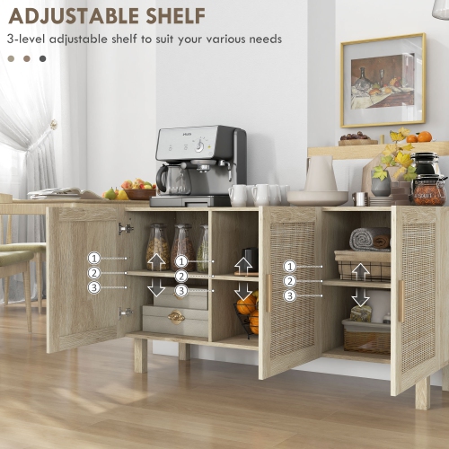 HOMCOM Boho Sideboard, Buffet Cabinet with Storage, 53" Coffee Bar Cabinet with Rattan Doors and Adjustable Shelves, Natural