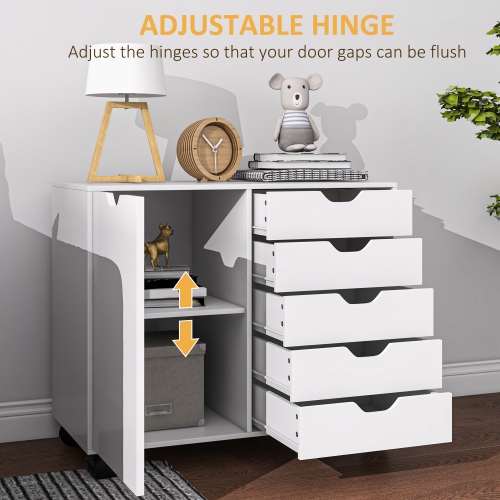 HOMCOM Lateral Filing Cabinet, 5-Drawers File Cabinet with Door and Adjustable Shelf, Mobile Office Storage Cabinet on Wheels, Printer Stand for Home