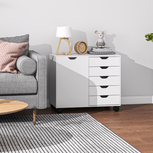 HOMCOM Lateral Filing Cabinet, 5-Drawers File Cabinet with Door and Adjustable Shelf, Mobile Office Storage Cabinet on Wheels, Printer Stand for Home