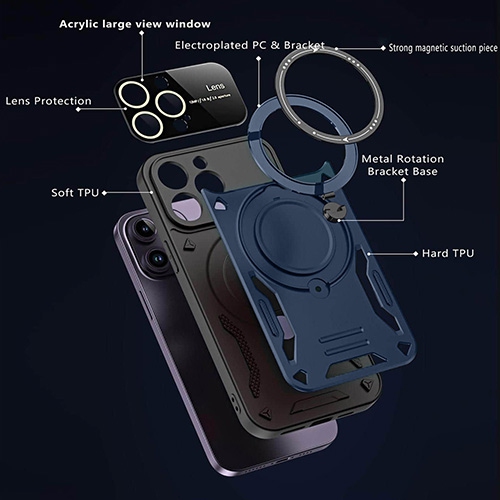 Blue Magnetic Hybrid Armor Ring Stand Magsafe Case for iPhone 13 Pro