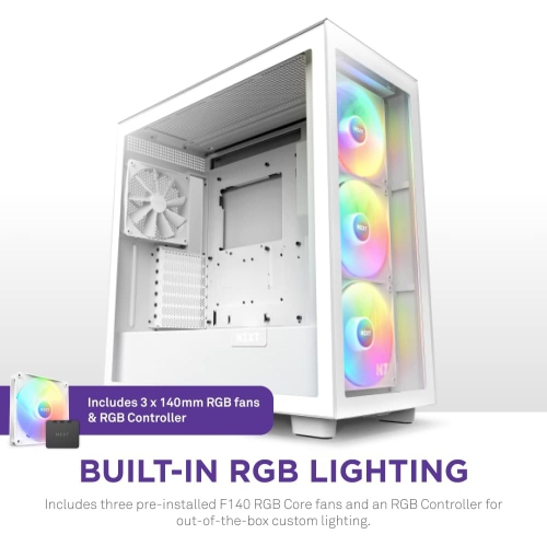 NZXT H7 Elite - CM-H71EW-02 - ATX Mid Tower PC Gaming Case - Front I/O USB Type-C Port - Quick-Release Tempered Glass Side Panel, RGB fan - White