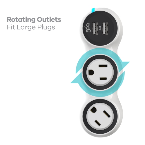 360 Electrical PowerCurve Mini 2-Outlet Rotating Surge Tap with 2 x 3.4A USB ports - 2nd Generation - White