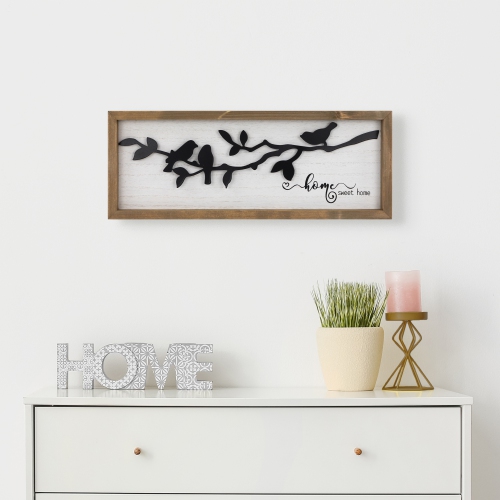 Affiche murale en bois Home Sweet Home avec silhouettes d'oiseaux - 15 po