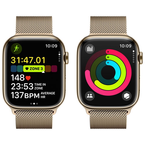 Open Box Apple Watch Series 9 GPS Cellular 45mm Gold Stainless Steel Case with Gold Milanese Loop Best Buy Canada