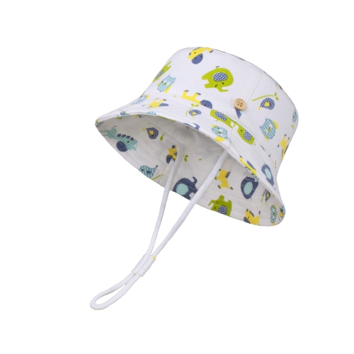 White Cotton Baby Bucket Hat with Chin Strap, Wide Brim Summer Sun  Protection Hat for Kids, Toddler Boys & Girls, Adorned with Animals,  XS:3M-6M (46cm/18.1).