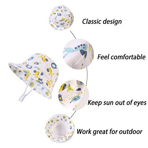 White Cotton Baby Bucket Hat with Chin Strap, Wide Brim Summer Sun  Protection Hat for Kids, Toddler Boys & Girls, Adorned with Animals,  XS:3M-6M (46cm/18.1).