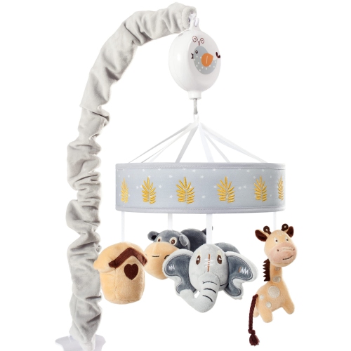 Mobile musical pour lit de bébé au thème du safari dans la jungle : Jouets  pour lit de bébé en forme d'animaux gris et havane pour bébé apaisant,  décor de chambre de