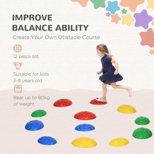 Outsunny Stepping Stones Kids with Anti-slip Mat, 12 PCs Balance Stepping Stones Obstacle Course, Indoor Outdoor Play Equipment Toys for Ages 3-8