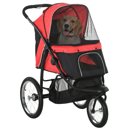 PawHut Pet Stroller for Small and Medium Dogs, 3 Big Wheels Cat Stroller Travel Folding Carrier with Adjustable Canopy, Safety Tether, Storage Basket