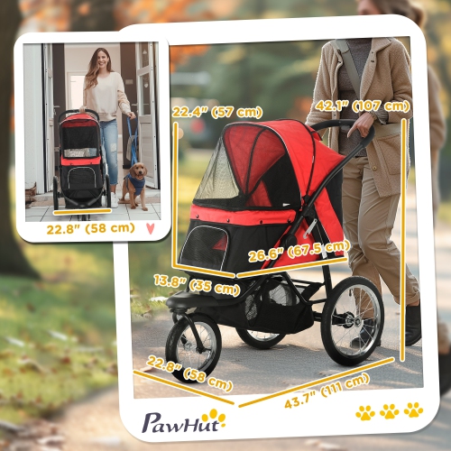 PawHut Pet Stroller for Small and Medium Dogs, 3 Big Rubber Wheels Cat Stroller Jogging Travel Folding Carrier with Adjustable Canopy, Safety Tether,
