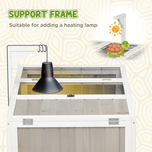 PawHut Wooden Tortoise Enclosure without Bottom Base Design, Tortoise Habitat for Small Animals with Run Cage, Openable Tops, Two Rooms Design, Grey