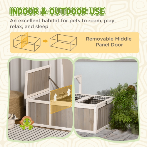 PawHut Wooden Tortoise Enclosure without Bottom Base Design, Tortoise Habitat for Small Animals with Run Cage, Openable Tops, Two Rooms Design, Grey