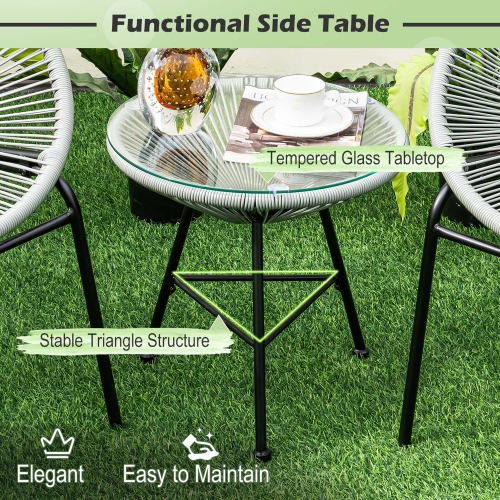 Costway 3PCS Patio Acapulco Furniture Bistro Set Plastic Rope Glass Table