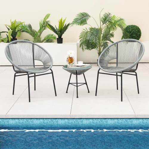Costway 3PCS Patio Acapulco Furniture Bistro Set Plastic Rope Glass Table