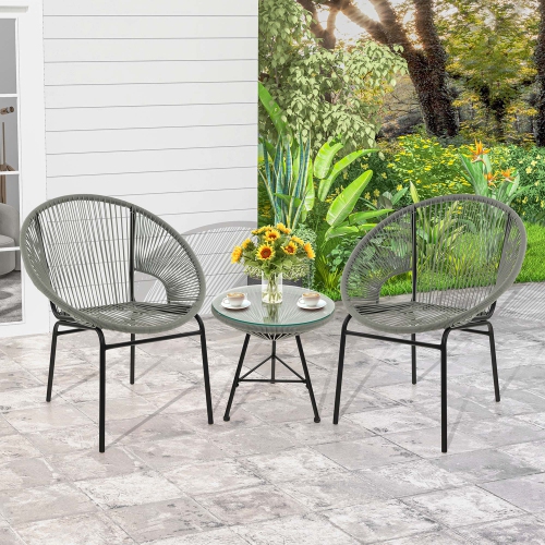 Costway 3PCS Patio Acapulco Furniture Bistro Set Plastic Rope Glass Table
