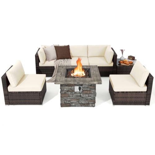 Costway 7 PCS Patio Furniture Set with 50,000 BTU Fire Pit Table Wicker Sofa Set with Cushions Black/Navy/Red/Turquoise/Off White