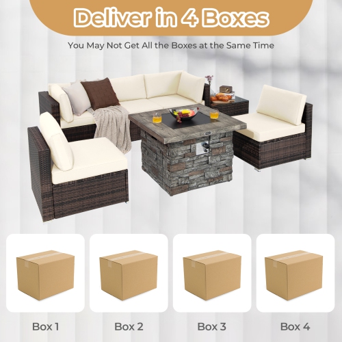 Costway 7 PCS Patio Furniture Set with 50,000 BTU Fire Pit Table Wicker Sofa Set with Cushions Black/Navy/Red/Turquoise/Off White