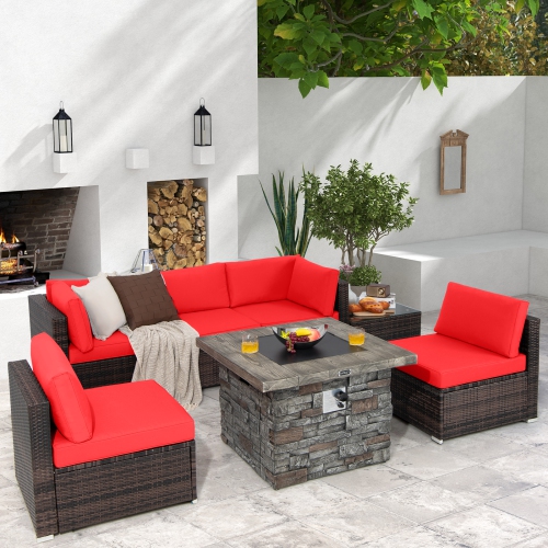 Costway 7 PCS Patio Furniture Set with 50,000 BTU Fire Pit Table Wicker Sofa Set with Cushions Black/Navy/Red/Turquoise/Off White