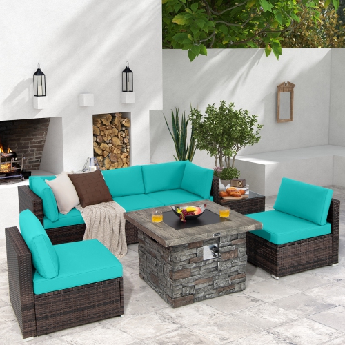 Costway 7 PCS Patio Furniture Set with 50,000 BTU Fire Pit Table Wicker Sofa Set with Cushions Black/Navy/Red/Turquoise/Off White