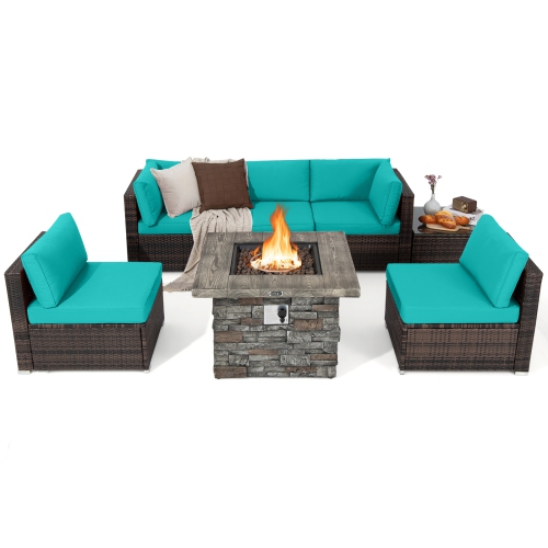 Costway 7 PCS Patio Furniture Set with 50,000 BTU Fire Pit Table Wicker Sofa Set with Cushions Black/Navy/Red/Turquoise/Off White