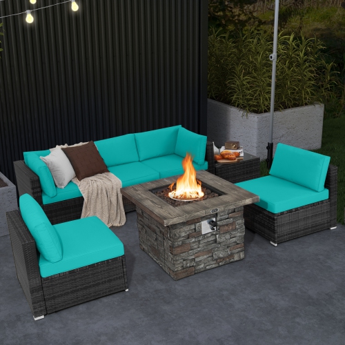 Costway 7 PCS Patio Furniture Set with 50,000 BTU Fire Pit Table Wicker Sofa Set with Cushions Black/Navy/Red/Turquoise/Off White