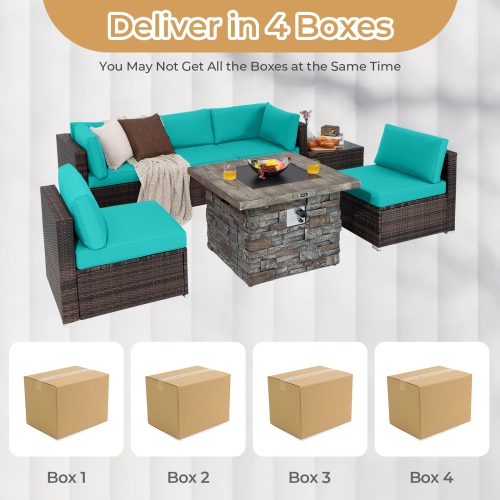 Costway 7 PCS Patio Furniture Set with 50,000 BTU Fire Pit Table Wicker Sofa Set with Cushions Black/Navy/Red/Turquoise/Off White