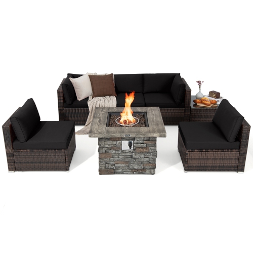 Costway 7 PCS Patio Furniture Set with 50,000 BTU Fire Pit Table Wicker Sofa Set with Cushions Black/Navy/Red/Turquoise/Off White