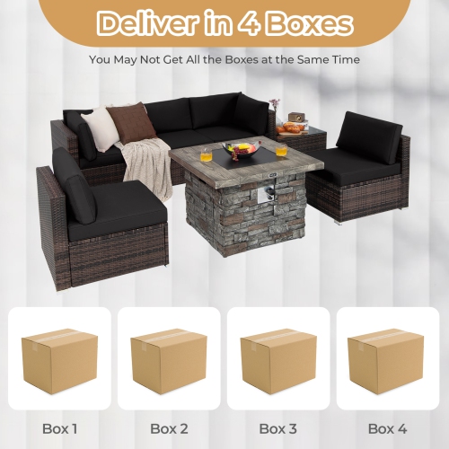 Costway 7 PCS Patio Furniture Set with 50,000 BTU Fire Pit Table Wicker Sofa Set with Cushions Black/Navy/Red/Turquoise/Off White